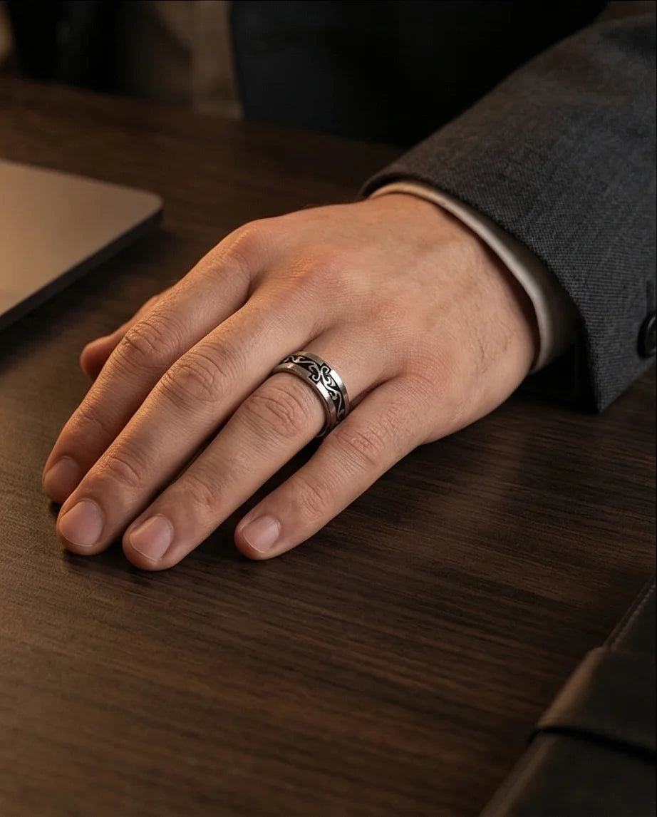 Shadow Flare: Tribal Flame Inlay Ring