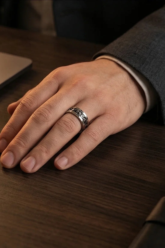 Shadow Flare: Tribal Flame Inlay Ring