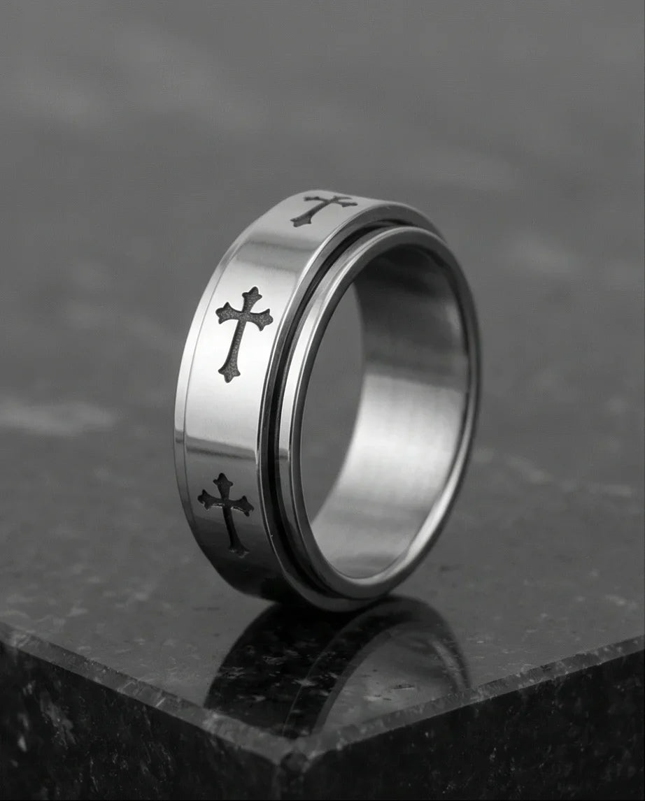 The Eternal Guardian: Silver Cross Spinner Band