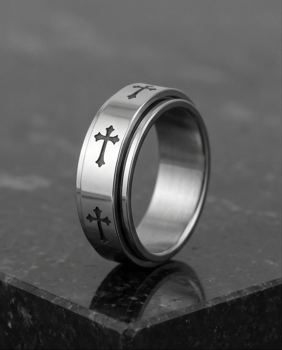The Eternal Guardian: Silver Cross Spinner Band