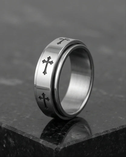 The Eternal Guardian: Silver Cross Spinner Band