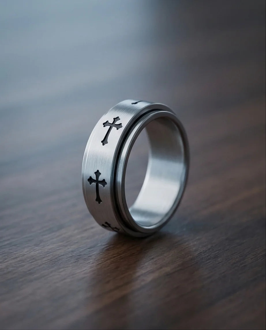 The Eternal Guardian: Silver Cross Spinner Band