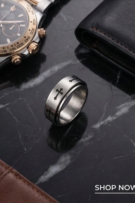 The Eternal Guardian: Silver Cross Spinner Band