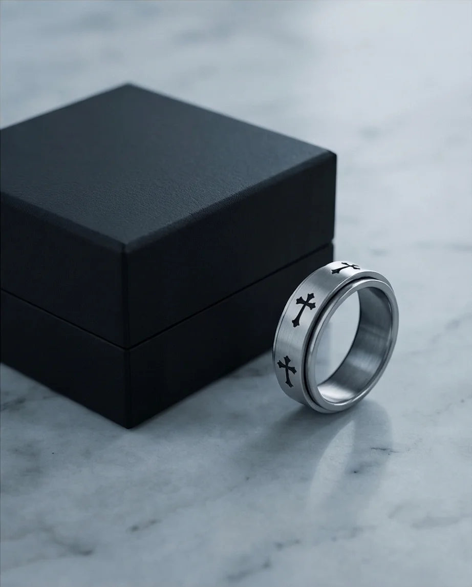 The Eternal Guardian: Silver Cross Spinner Band