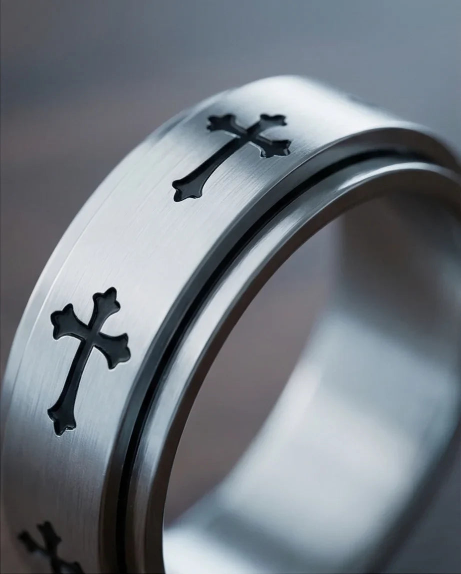 The Eternal Guardian: Silver Cross Spinner Band