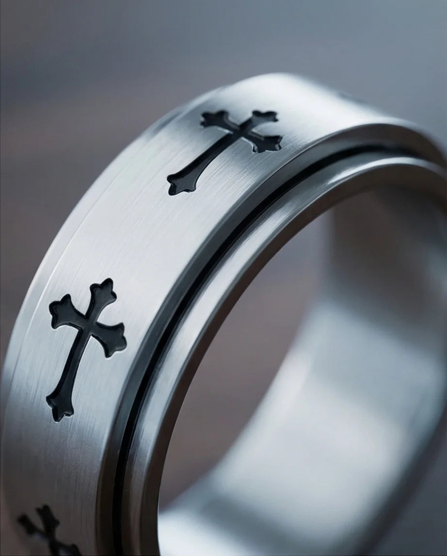 The Eternal Guardian: Silver Cross Spinner Band
