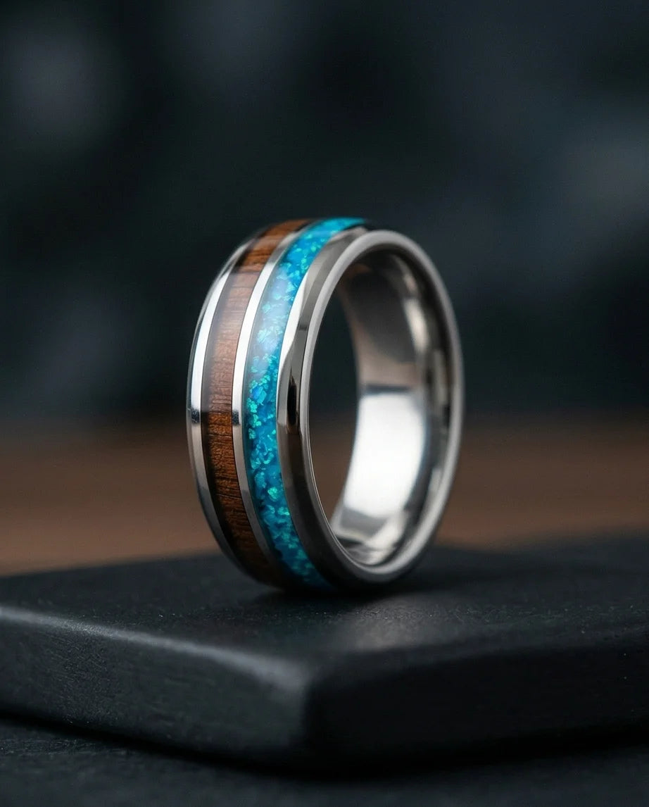 The Azure Horizon: Wood & Crushed Opal Fusion Band
