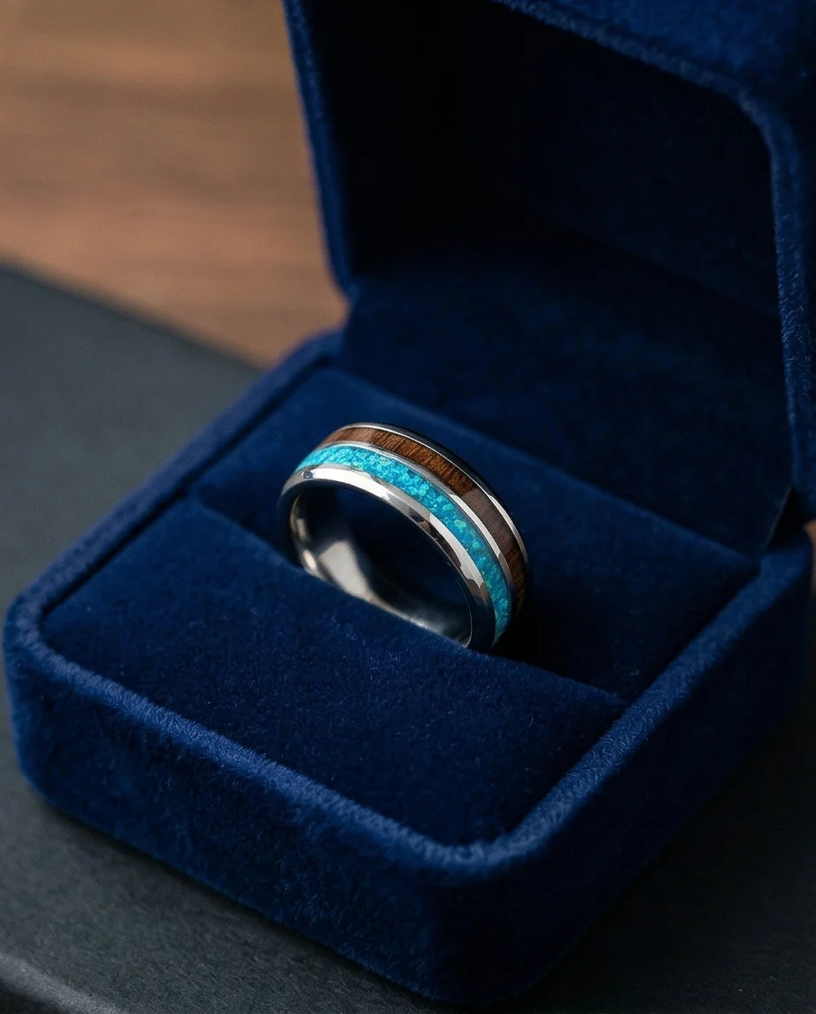 The Azure Horizon: Wood & Crushed Opal Fusion Band