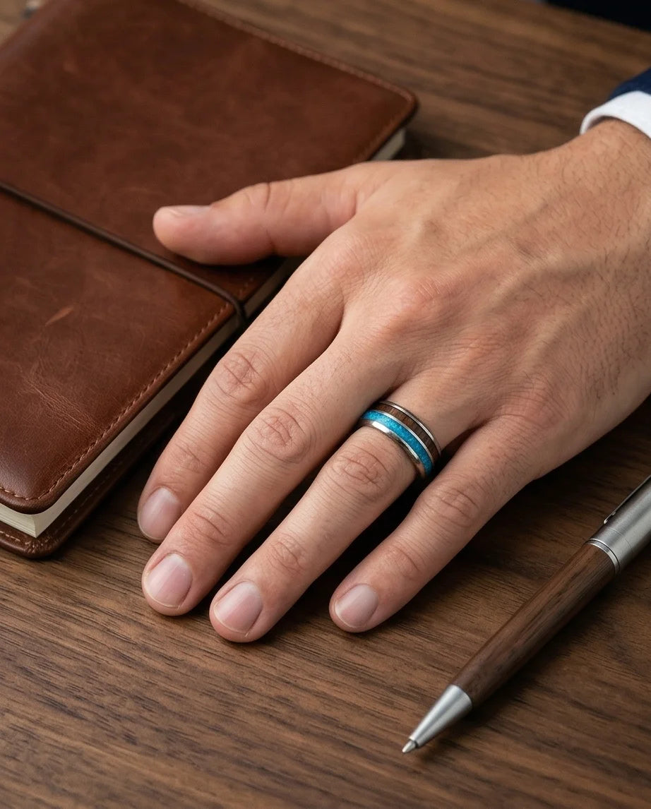 The Azure Horizon: Wood & Crushed Opal Fusion Band