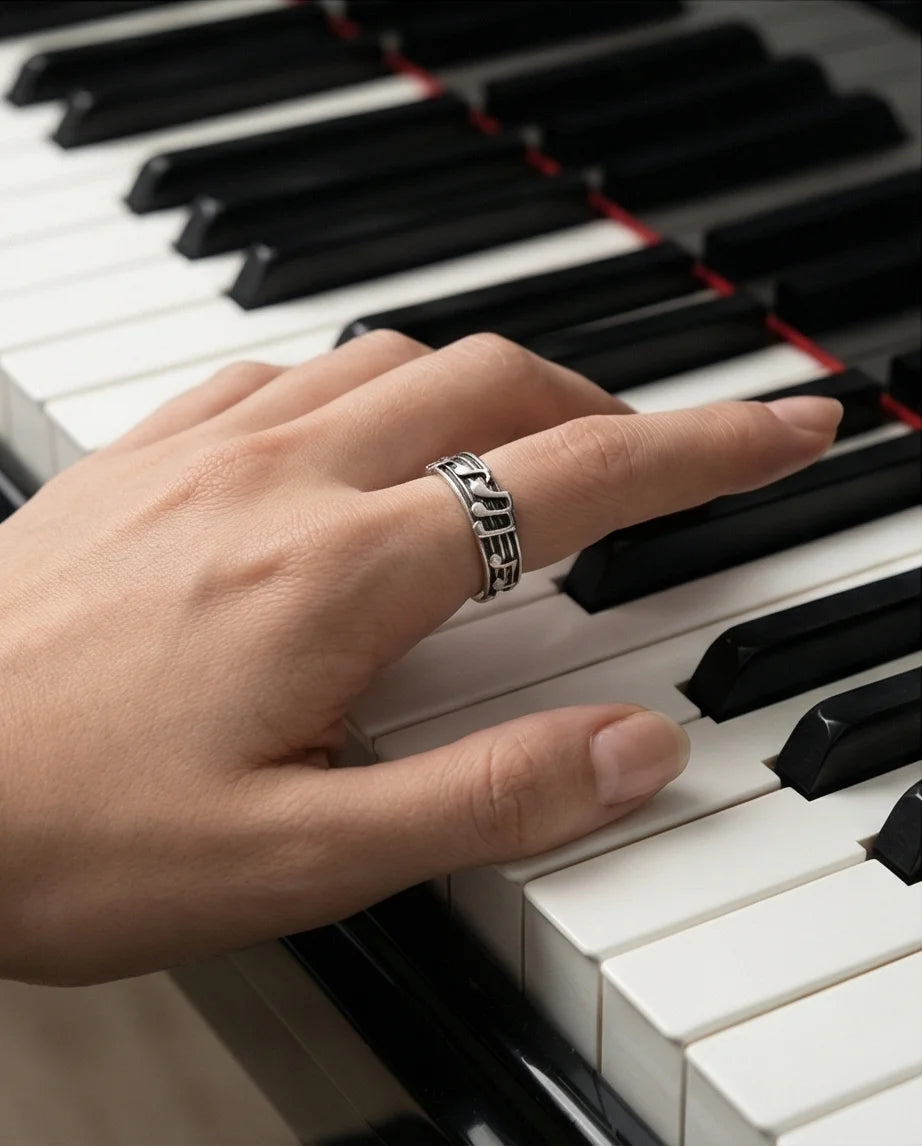 The Melodic Echo: Antique Silver Musical Note Band