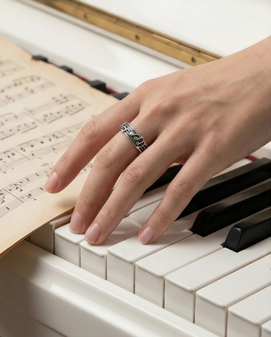 The Melodic Echo: Antique Silver Musical Note Band