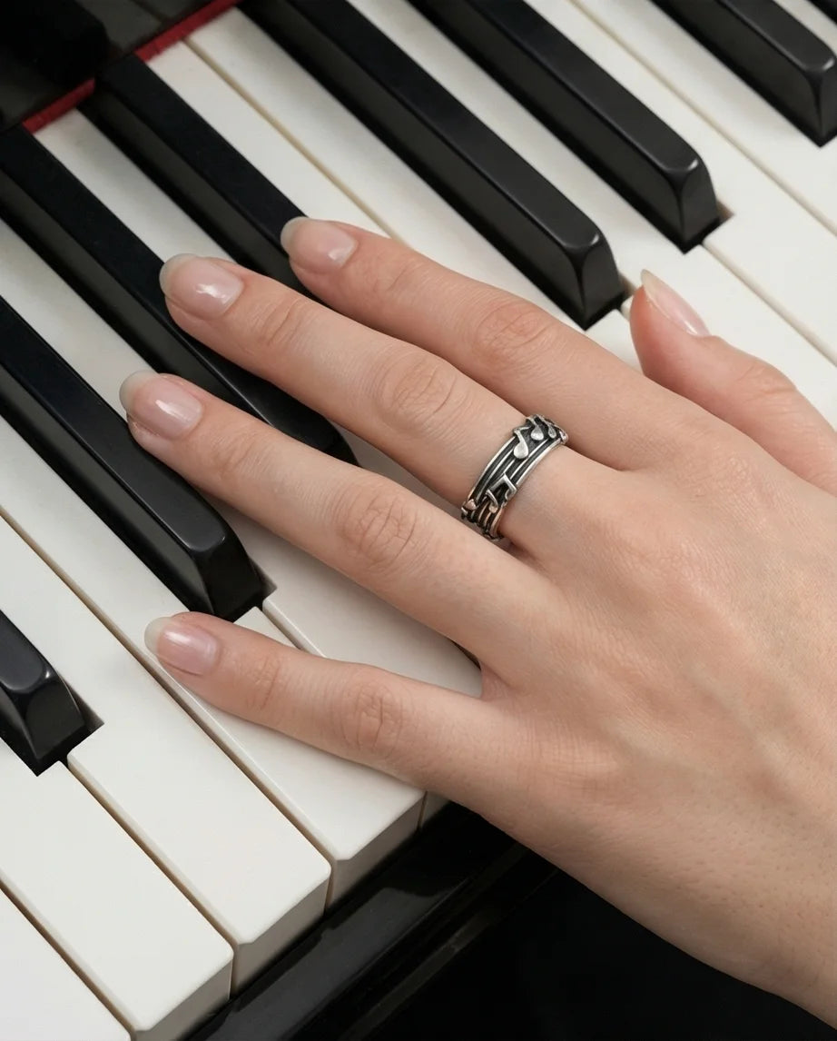 The Melodic Echo: Antique Silver Musical Note Band