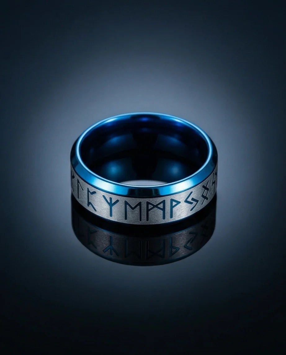 The Runestone Sentinel: Viking Azure Inlay Band