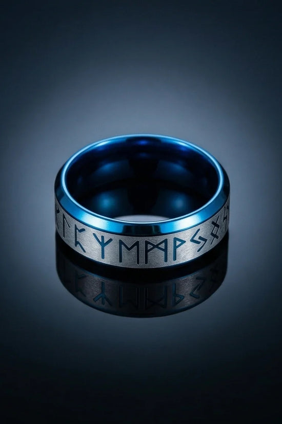 The Runestone Sentinel: Viking Azure Inlay Band