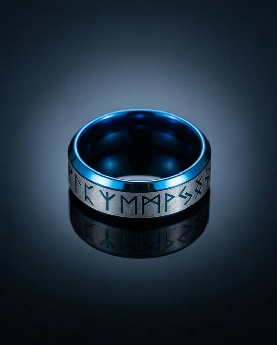The Runestone Sentinel: Viking Azure Inlay Band
