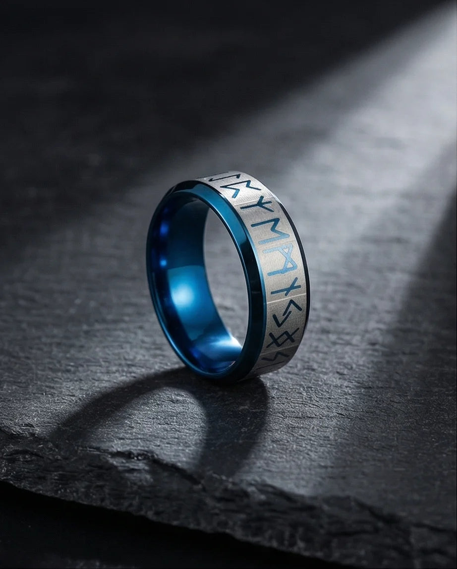 The Runestone Sentinel: Viking Azure Inlay Band