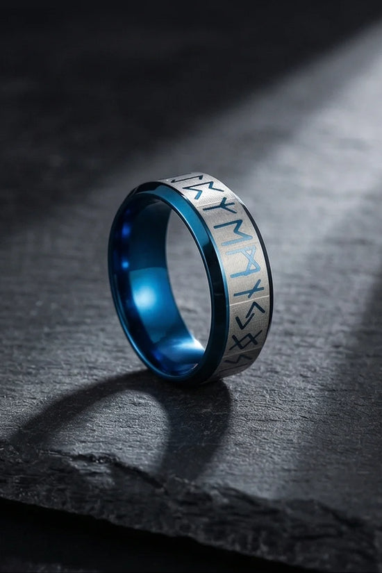 The Runestone Sentinel: Viking Azure Inlay Band