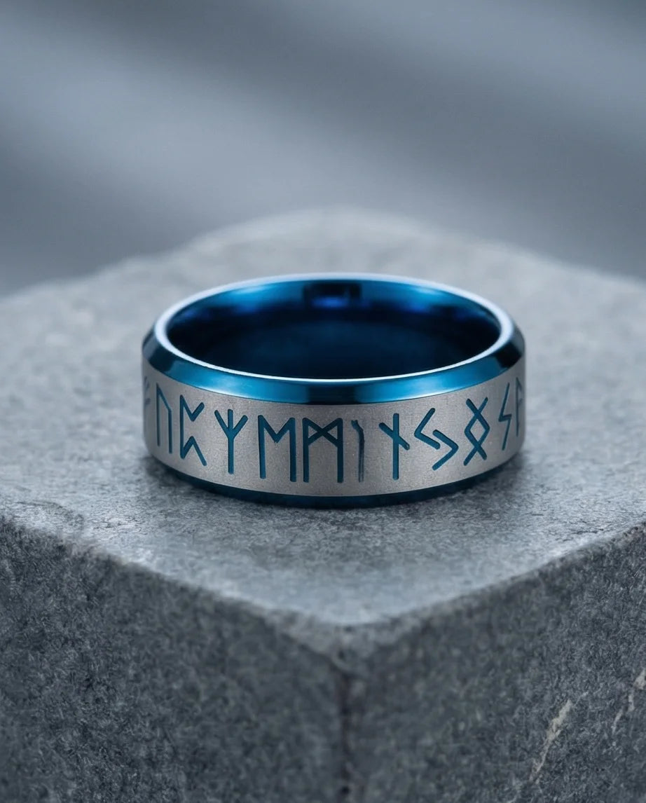The Runestone Sentinel: Viking Azure Inlay Band