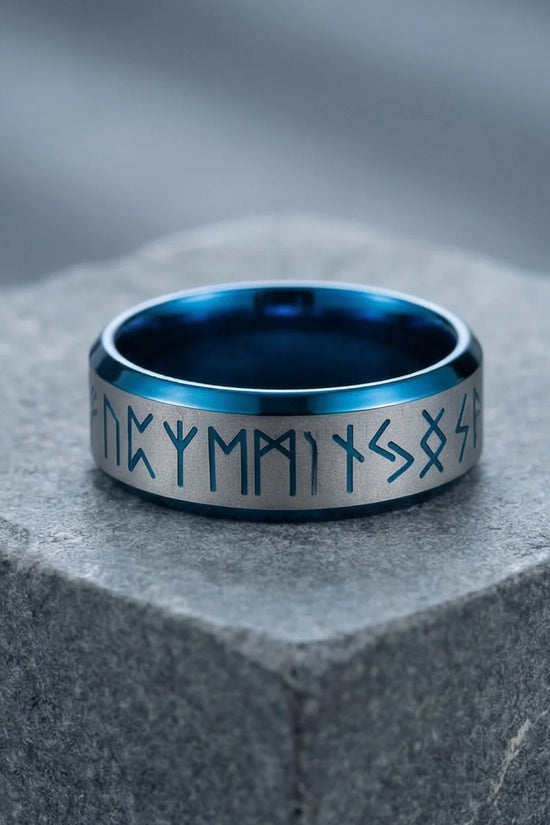 The Runestone Sentinel: Viking Azure Inlay Band