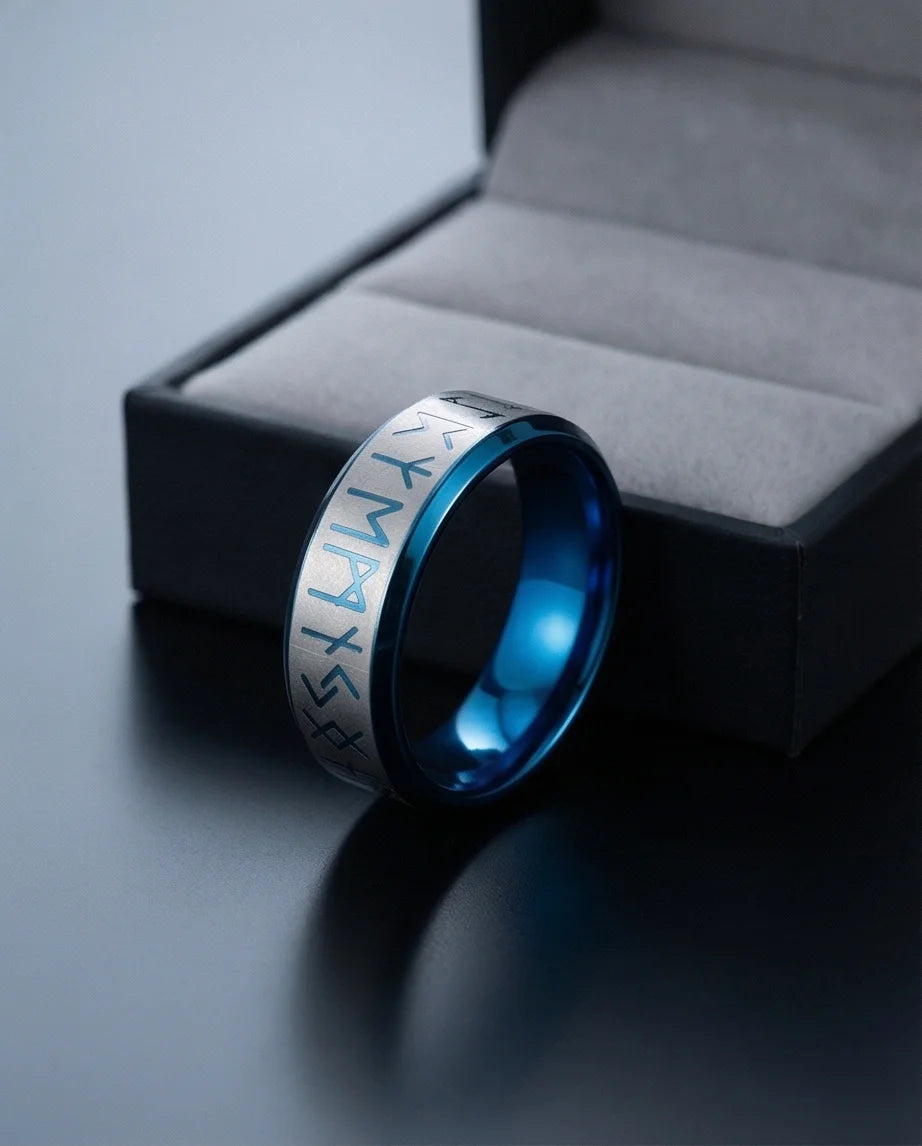 The Runestone Sentinel: Viking Azure Inlay Band