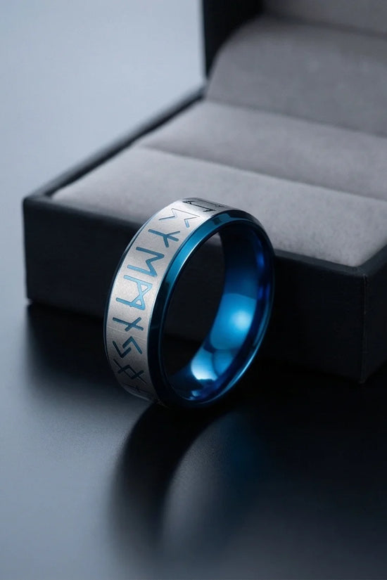 The Runestone Sentinel: Viking Azure Inlay Band