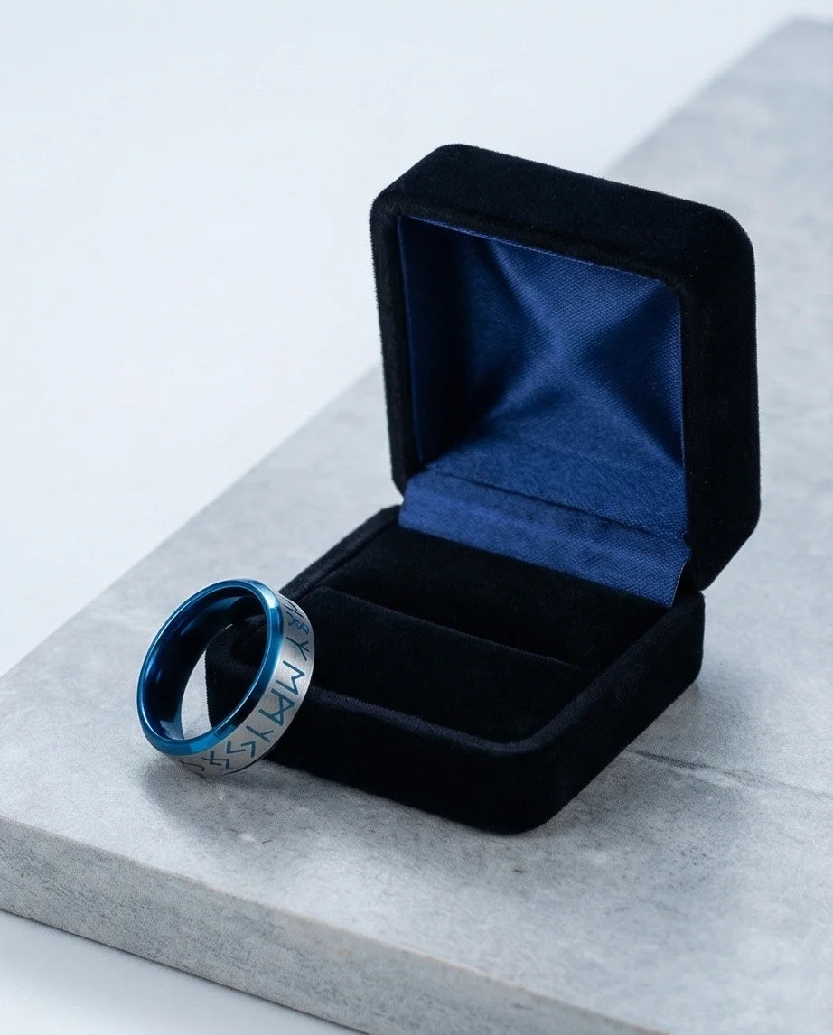 The Runestone Sentinel: Viking Azure Inlay Band