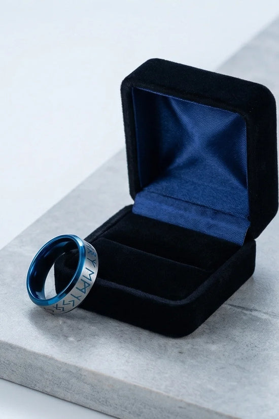 The Runestone Sentinel: Viking Azure Inlay Band