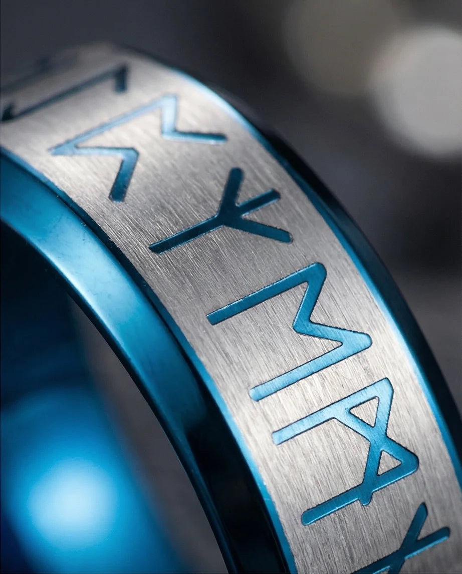The Runestone Sentinel: Viking Azure Inlay Band