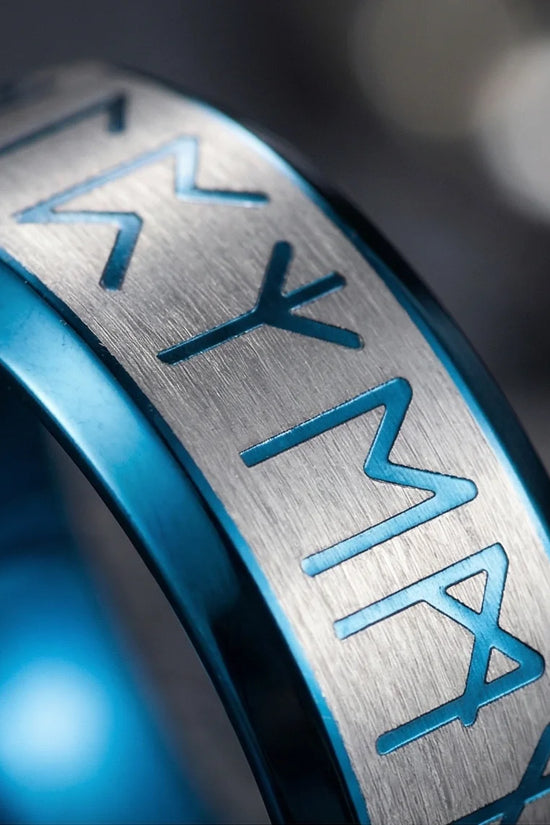 The Runestone Sentinel: Viking Azure Inlay Band