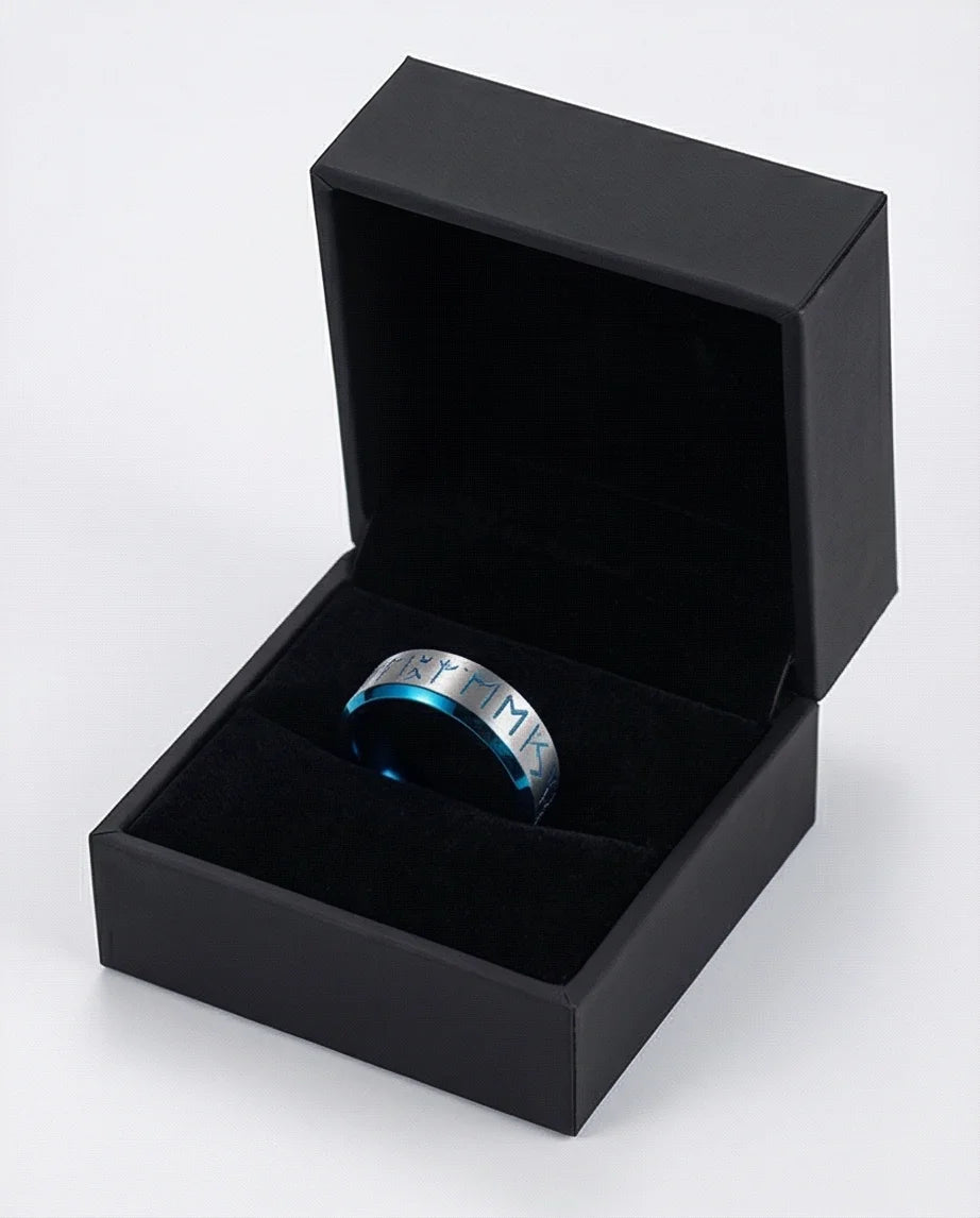 The Runestone Sentinel: Viking Azure Inlay Band