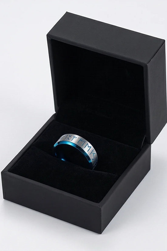 The Runestone Sentinel: Viking Azure Inlay Band