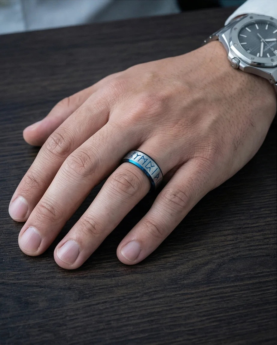 The Runestone Sentinel: Viking Azure Inlay Band