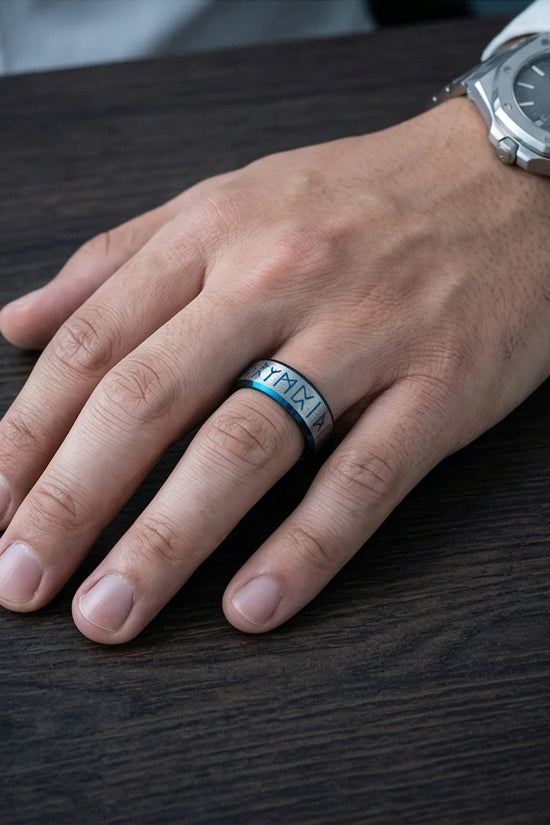 The Runestone Sentinel: Viking Azure Inlay Band