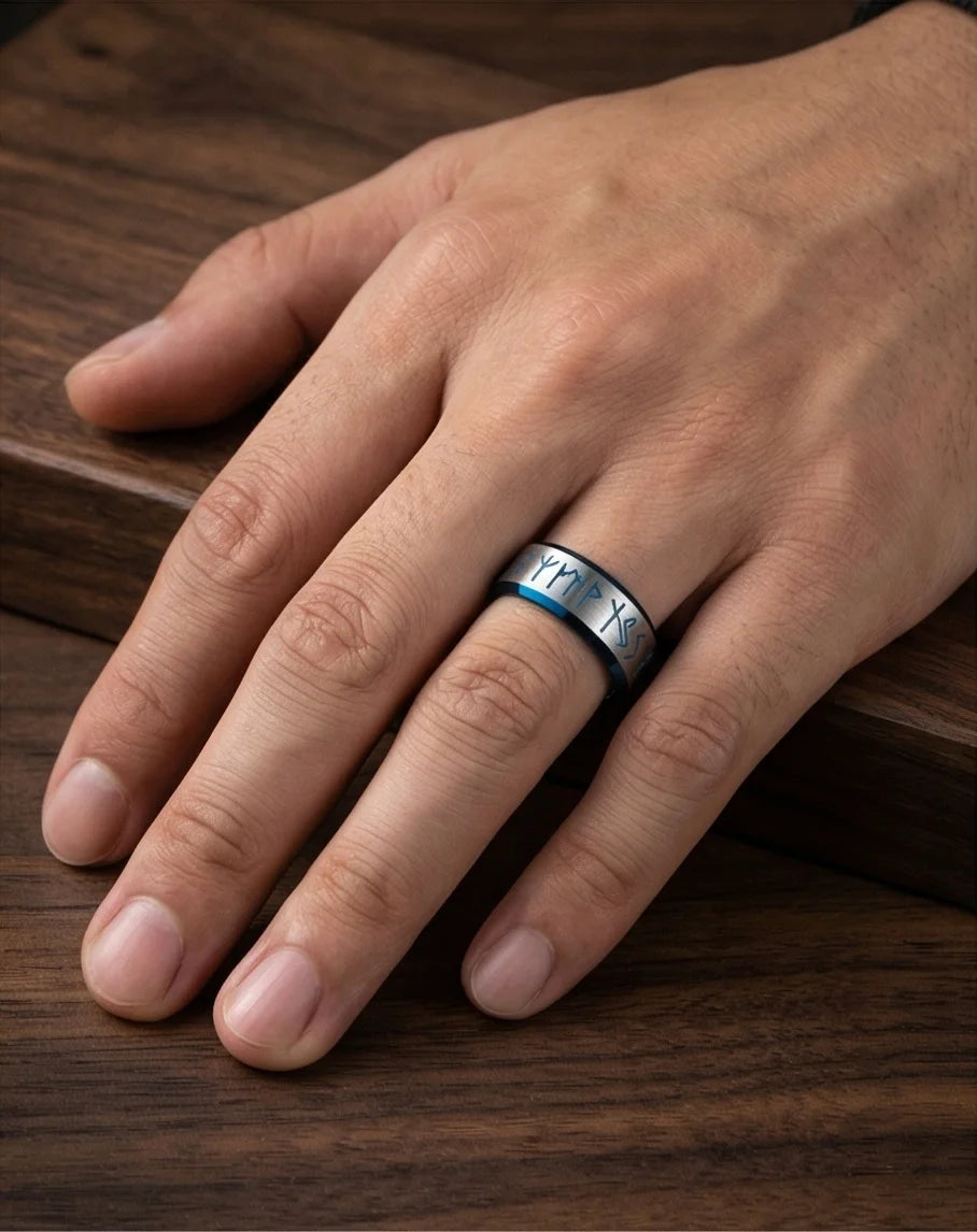 The Runestone Sentinel: Viking Azure Inlay Band