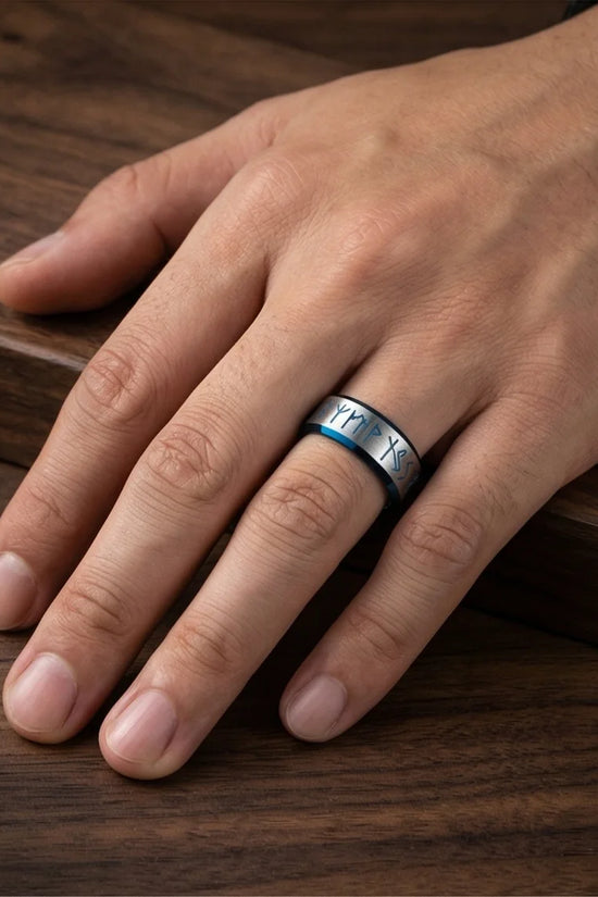 The Runestone Sentinel: Viking Azure Inlay Band