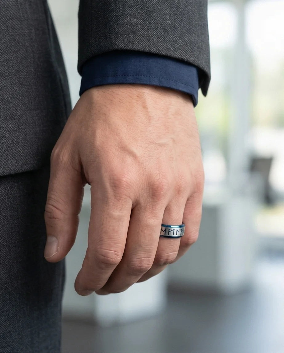 The Runestone Sentinel: Viking Azure Inlay Band