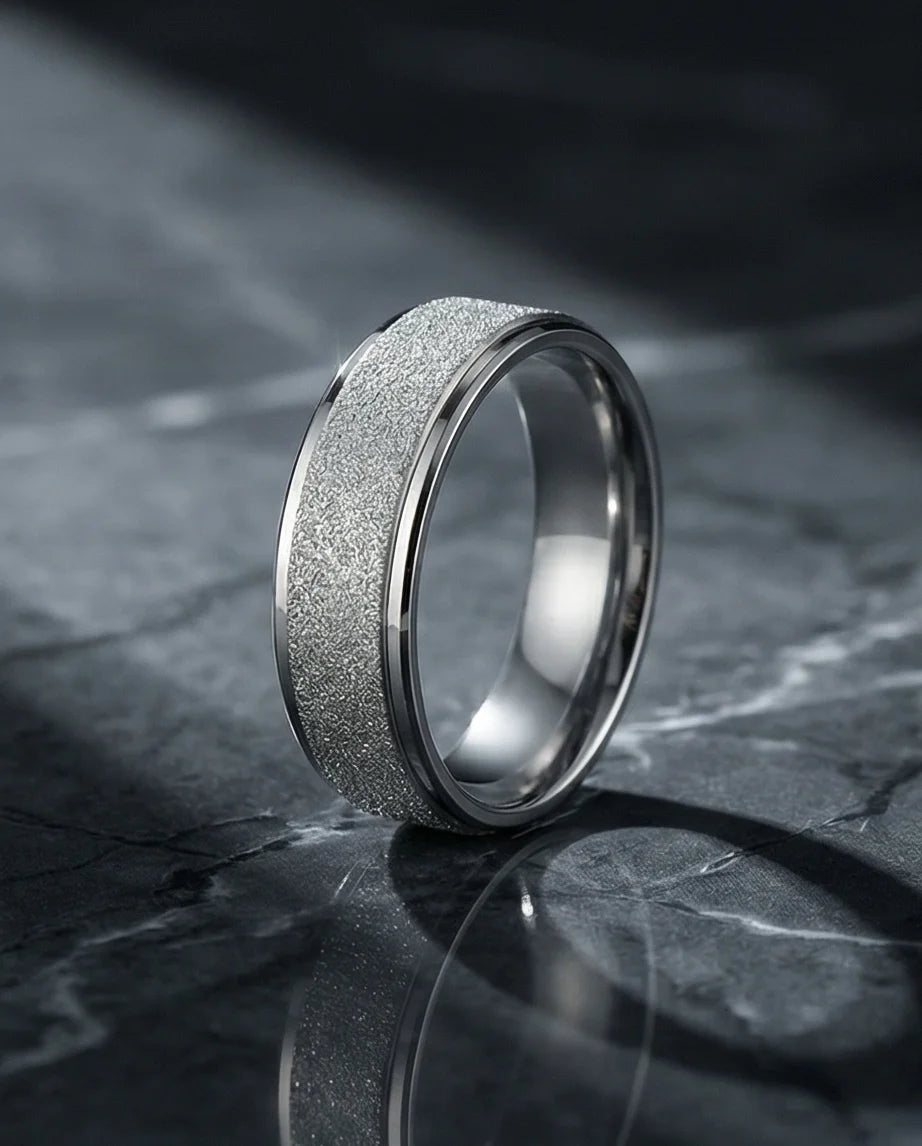 The Stardust Sentinel: Frosted Silver Beveled Band