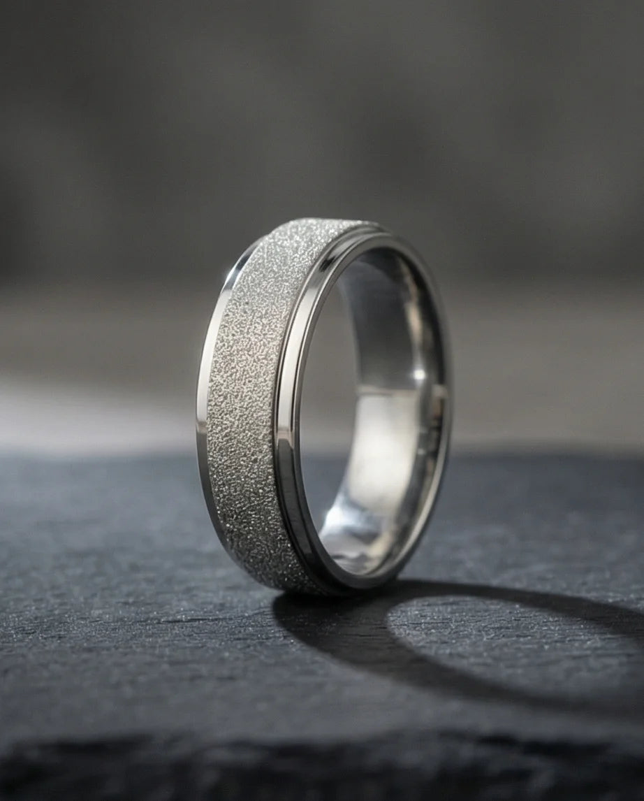 The Stardust Sentinel: Frosted Silver Beveled Band
