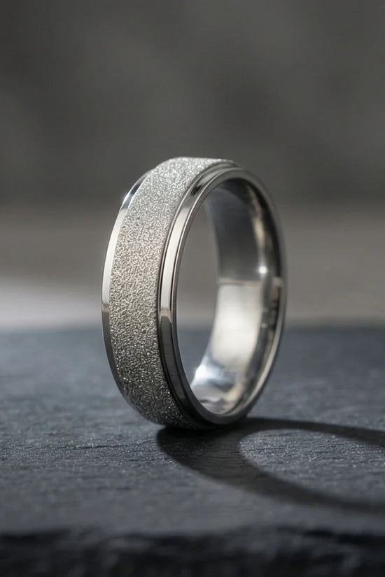 The Stardust Sentinel: Frosted Silver Beveled Band