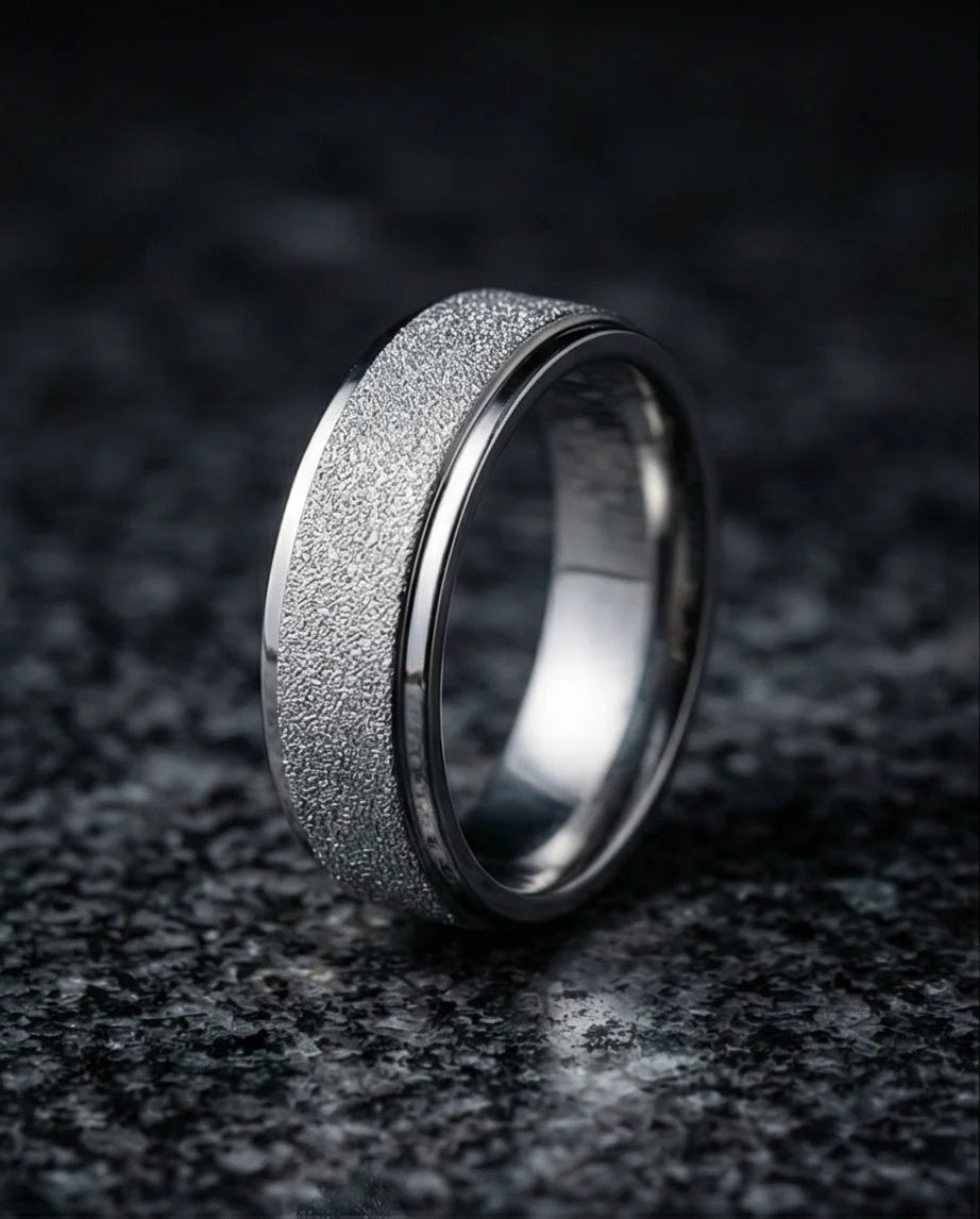 The Stardust Sentinel: Frosted Silver Beveled Band