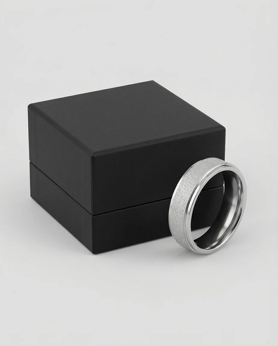 The Stardust Sentinel: Frosted Silver Beveled Band