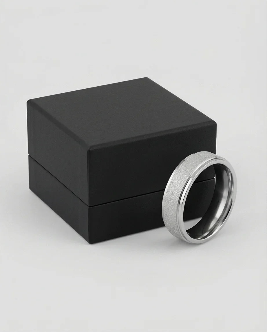The Stardust Sentinel: Frosted Silver Beveled Band