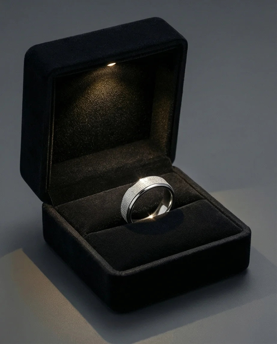 The Stardust Sentinel: Frosted Silver Beveled Band