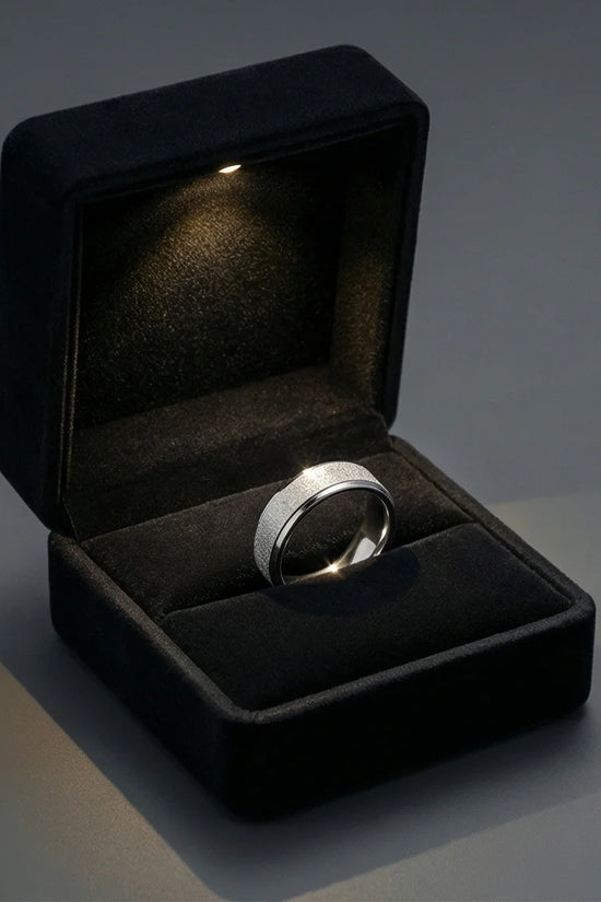 The Stardust Sentinel: Frosted Silver Beveled Band