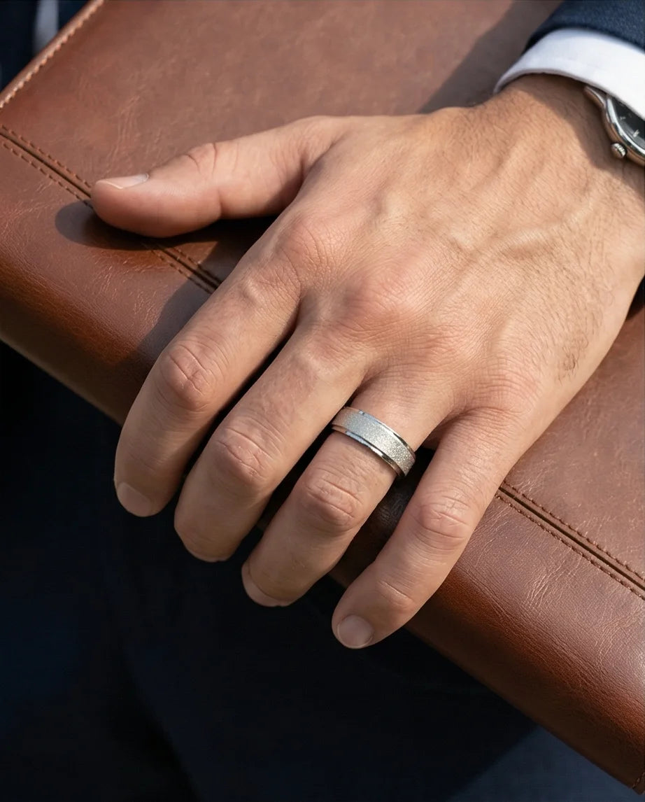 The Stardust Sentinel: Frosted Silver Beveled Band