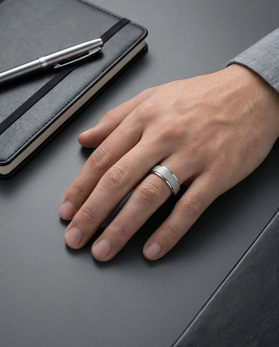 The Stardust Sentinel: Frosted Silver Beveled Band