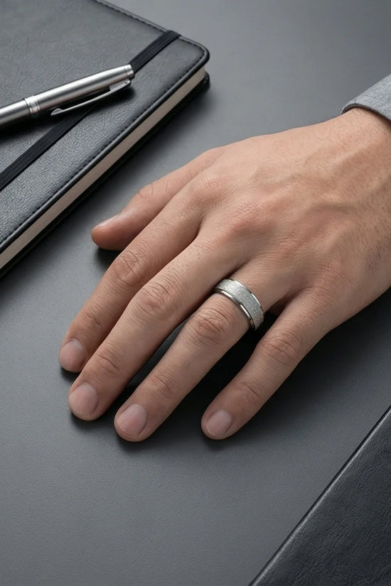 The Stardust Sentinel: Frosted Silver Beveled Band