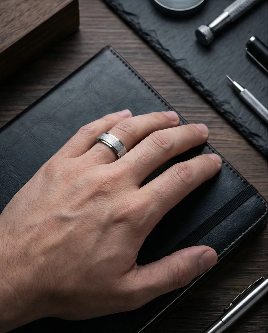 The Stardust Sentinel: Frosted Silver Beveled Band