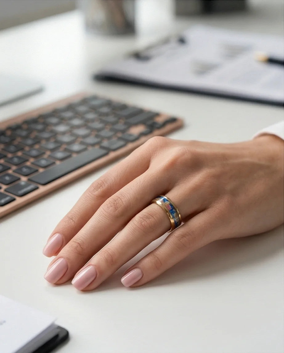 Prism Bloom: Polished Gold & Azure Petal Ring