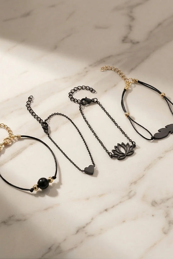 The Obsidian Bloom: 4-Piece Minimalist Bracelet Set